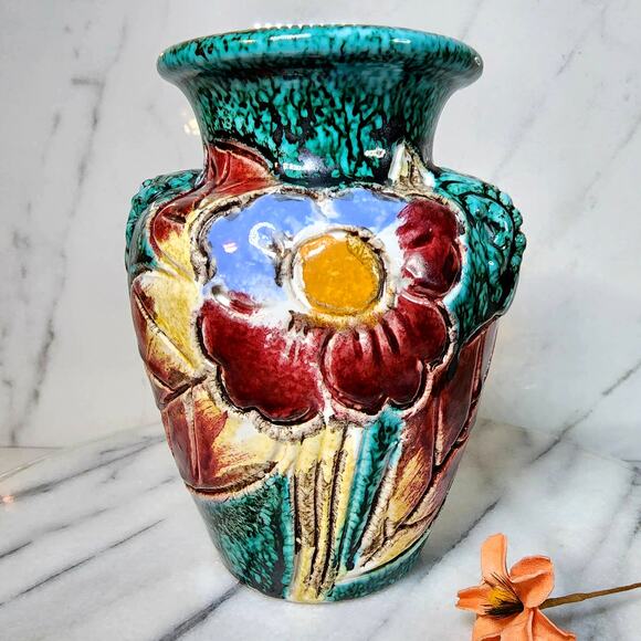 VTG Fratcelli Fanciullacci Italian Majolica Pottery Floral Vase-Brutalist Art - Picture 2 of 10